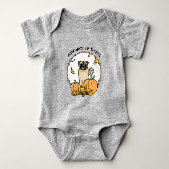 Fall Mops Hund (fawn) Pumpkins Blätter Niedlich Baby Strampler (Vorderseite)