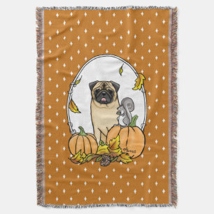 Fall Mops Hund (fawn) Pumpkins Blätter Niedlich Decke