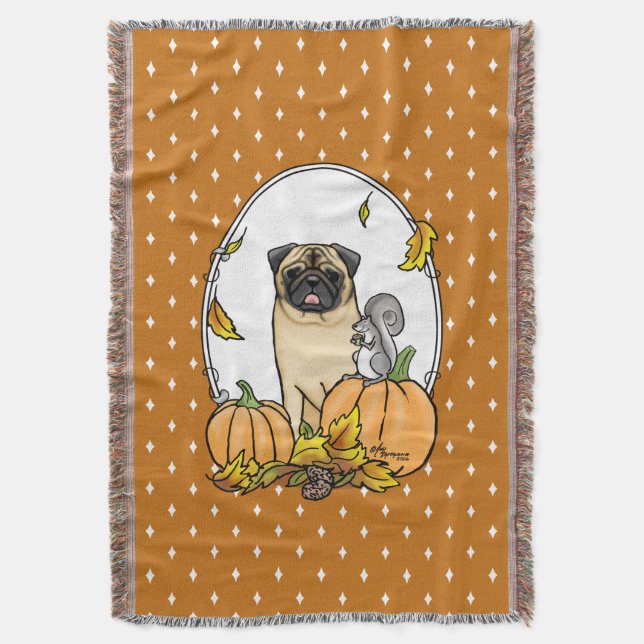 Fall Mops Hund (fawn) Pumpkins Blätter Niedlich Decke (Vorderseite Vertikal)