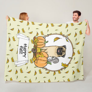 Fall Mops Hund (fawn) Pumpkins Blätter Niedlich Fleecedecke