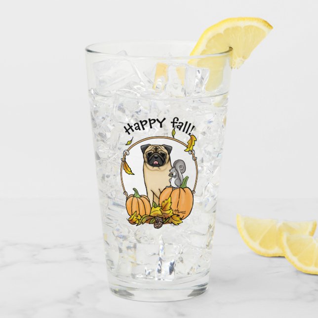 Fall Mops Hund (fawn) Pumpkins Blätter Niedlich Glas (Rückseite Ice)