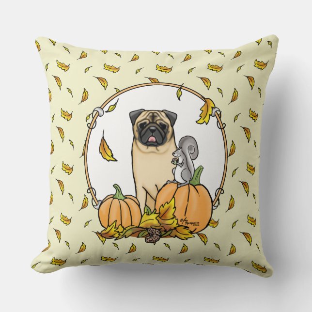 Fall Mops Hund (fawn) Pumpkins Blätter Niedlich Kissen (Vorderseite)