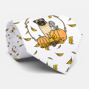 Fall Mops Hund (fawn) Pumpkins Blätter Niedlich Krawatte