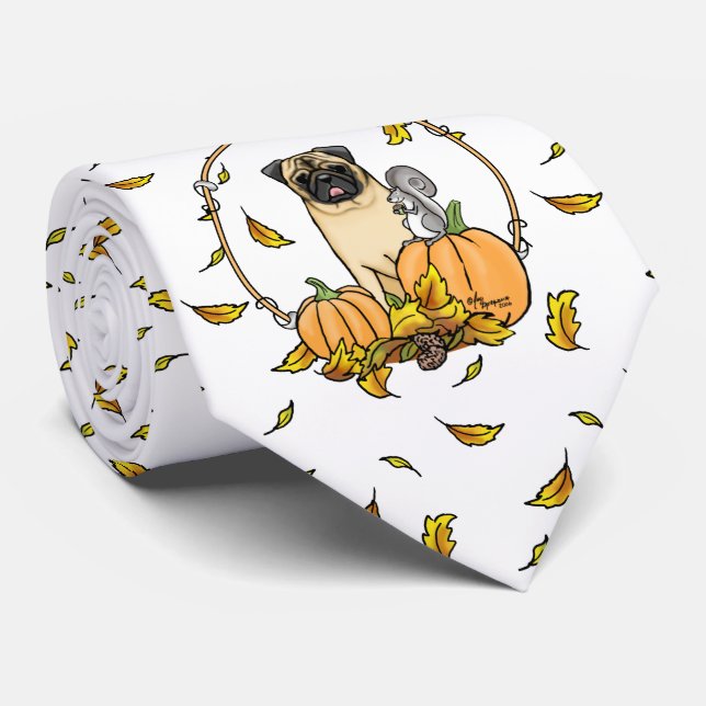 Fall Mops Hund (fawn) Pumpkins Blätter Niedlich Krawatte (Gerollt)