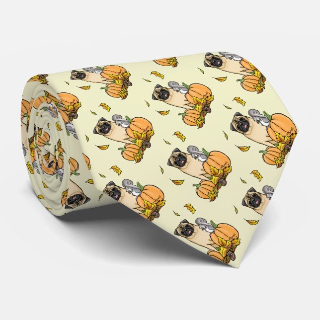 Fall Mops Hund (fawn) Pumpkins Blätter Niedlich Krawatte (Gerollt)