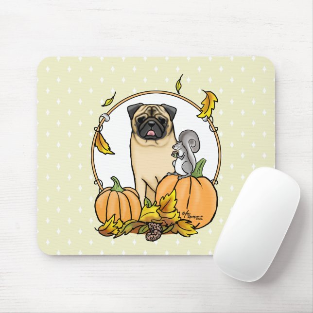 Fall Mops Hund (fawn) Pumpkins Blätter Niedlich Mousepad (Mit Mouse)