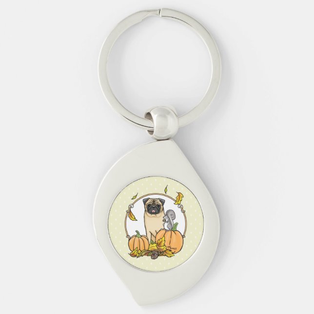 Fall Mops Hund (fawn) Pumpkins Blätter Niedlich Schlüsselanhänger (Vorderseite)