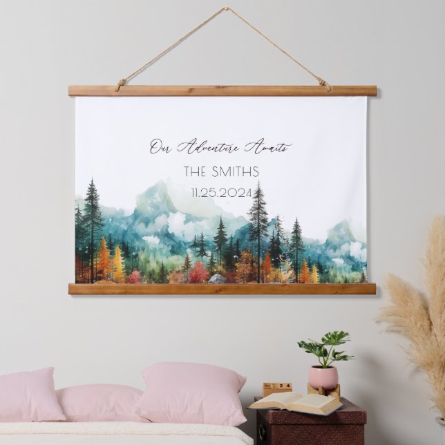 Fall Mountain Alternative Wedding Guest Book Wandteppich Mit Holzrahmen (Schlafzimmer)