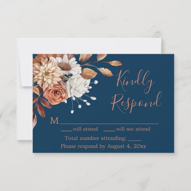 Fall Navy Blue Floral Birthday Response Card Dankeskarte (Vorderseite)