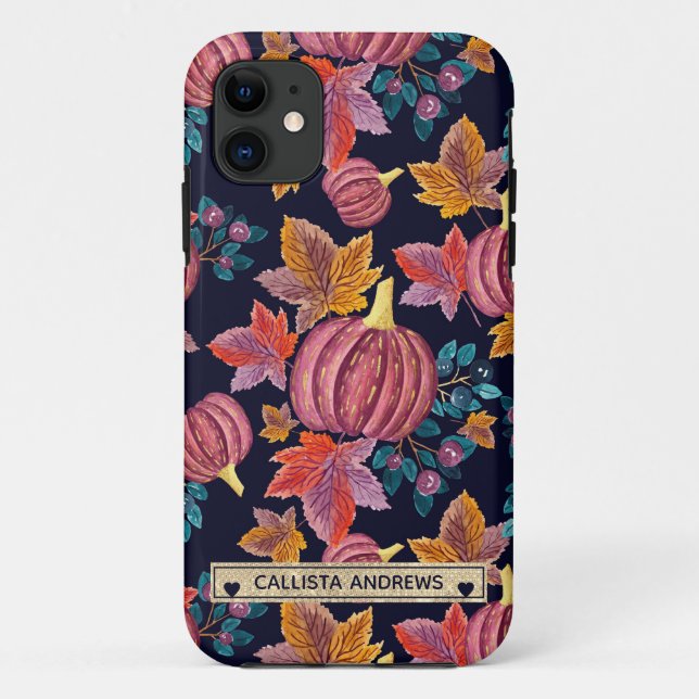 Fall Navy Pumpkin Blätter Wasserfarben Monogram Case-Mate iPhone Hülle (Rückseite)