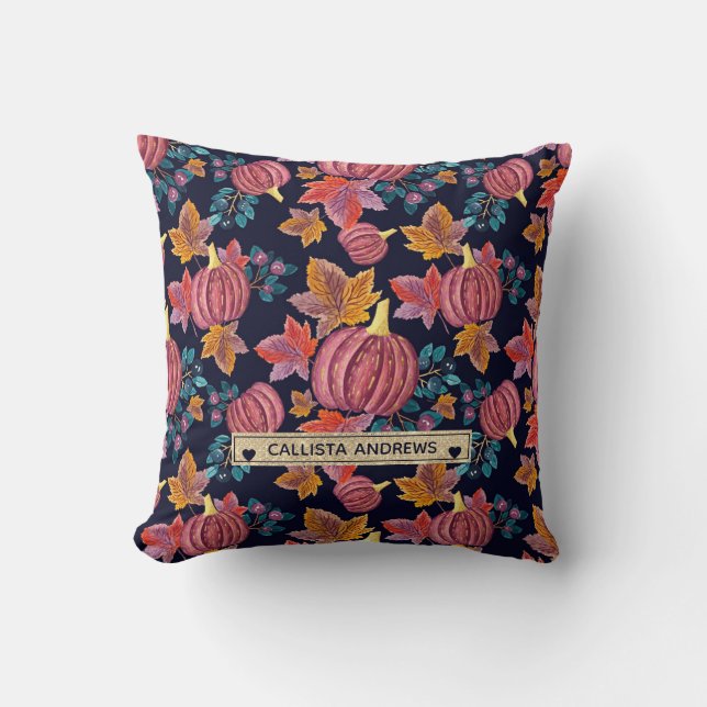 Fall Navy Pumpkin Blätter Wasserfarben Monogram Kissen (Vorderseite)