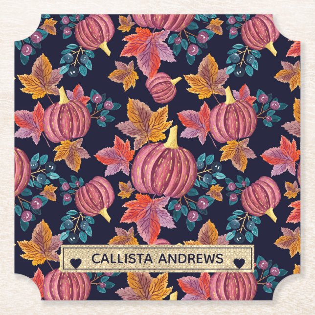 Fall Navy Pumpkin Blätter Wasserfarben Monogram Untersetzer (Vorderseite)
