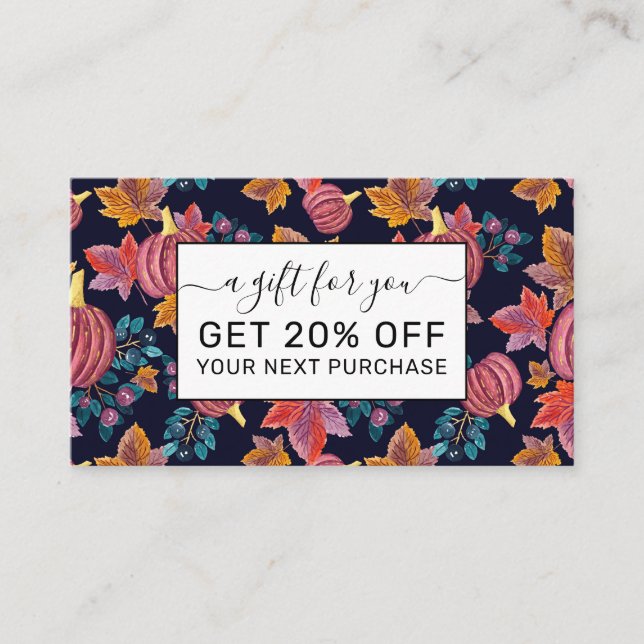 Fall Navy Pumpkin Blätter Wasserfarbmuster Rabattkarte (Vorderseite)