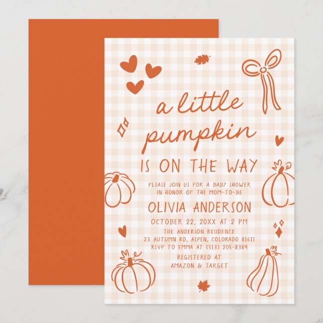 Fall Niedliche Hand gezogen ein wenig Pumpkin Baby Einladung (Vorne/Hinten)