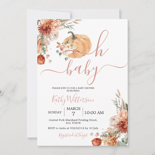 Fall Oh Baby Pumpkin Boho Wildblumen Babydusche Einladung (Vorderseite)