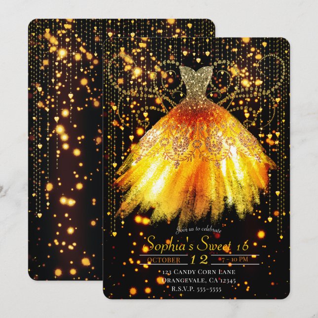 Fall Orange Black Gold Glitzer Dress Sweet 16 Einladung (Vorne/Hinten)