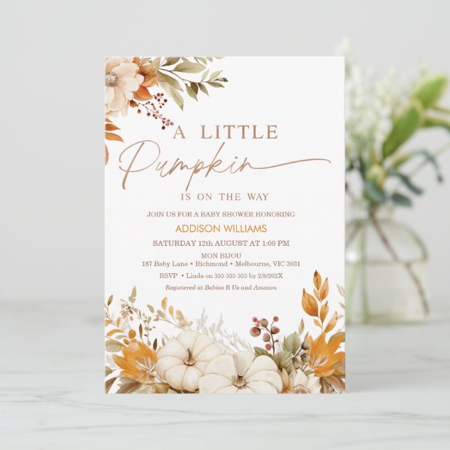 Fall Orange Floral Little Pumpkin Baby Dusche Einladung (Stehend Vorderseite)