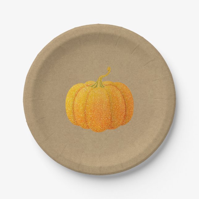 Fall Orange Glitter Glitzer Autumn Pumpkin Kraft Pappteller (Vorderseite)