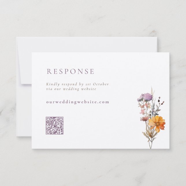 Fall Orange & Lila Wildblumen QR-Hochzeit RSVP Karte (Vorderseite)