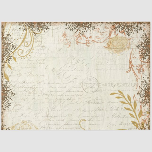 Fall Orange Mustard Ephemera Script Decoupage Art Seidenpapier (Vorderseite)