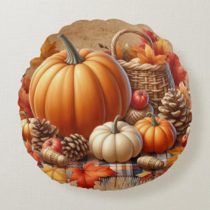 FALL-ORANGE-PUMPKINE UND SCHWARZ-WEISSES KARIERTES RUNDES KISSEN