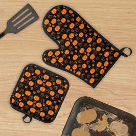 Fall Orange und Black Pumpkins und Paws Halloween Ofenhandschuh & Topflappen-Set