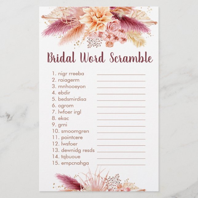 Fall Pampas Grass Boho Bridal Word Scramble Spiel (Vorderseite)