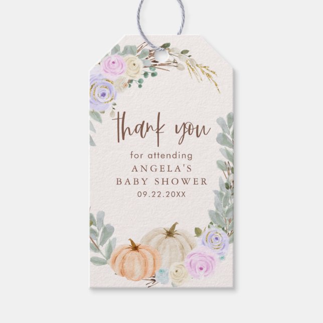 Fall Pastel Pumpkins und Bloral Baby Dusche Geschenkanhänger (Vorderseite)