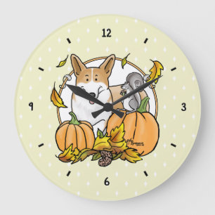 Fall Pembroke Welsh Corgi (rot 1) Pumpkins Niedlic Große Wanduhr