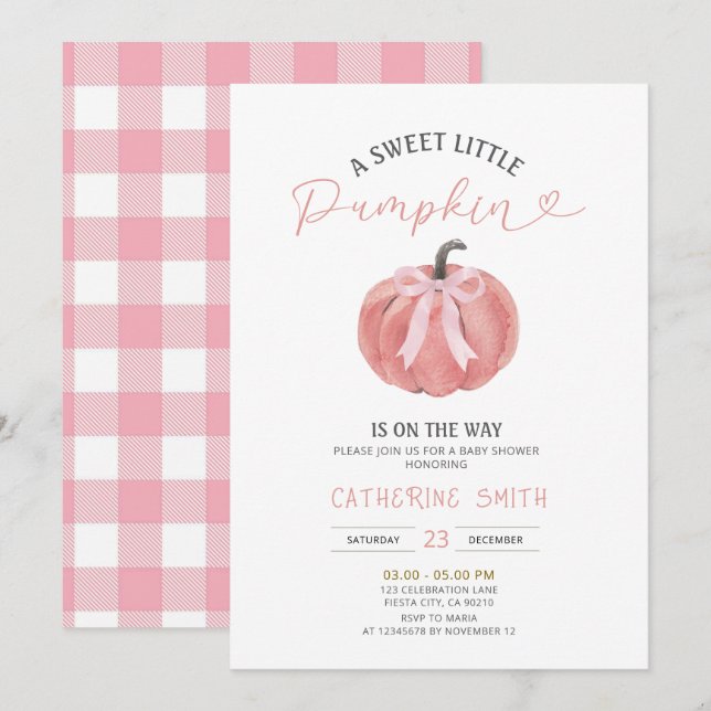 Fall Pink Bow Pumpkin Baby Shower  Einladung (Vorne/Hinten)