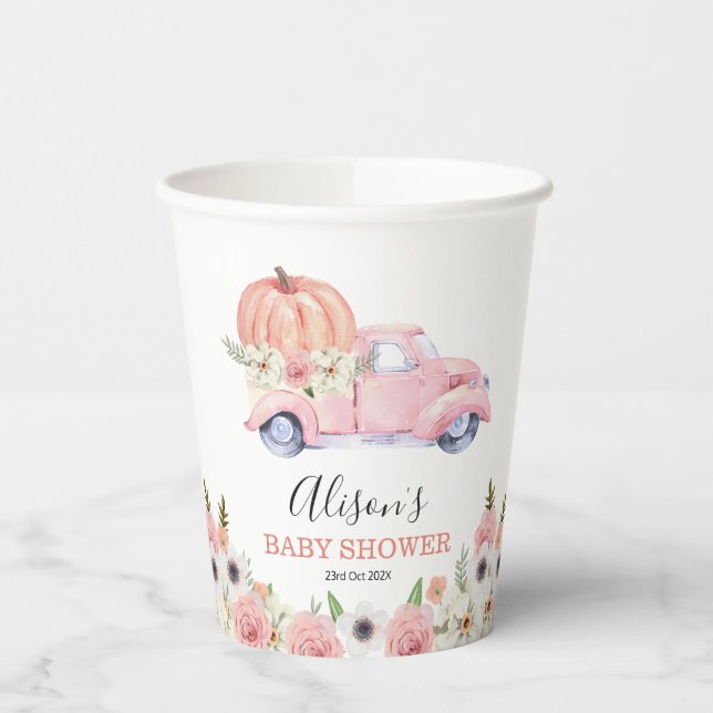 Fall Pink Floral Pumpkin Truck Baby Dusche Pappbecher (Links)