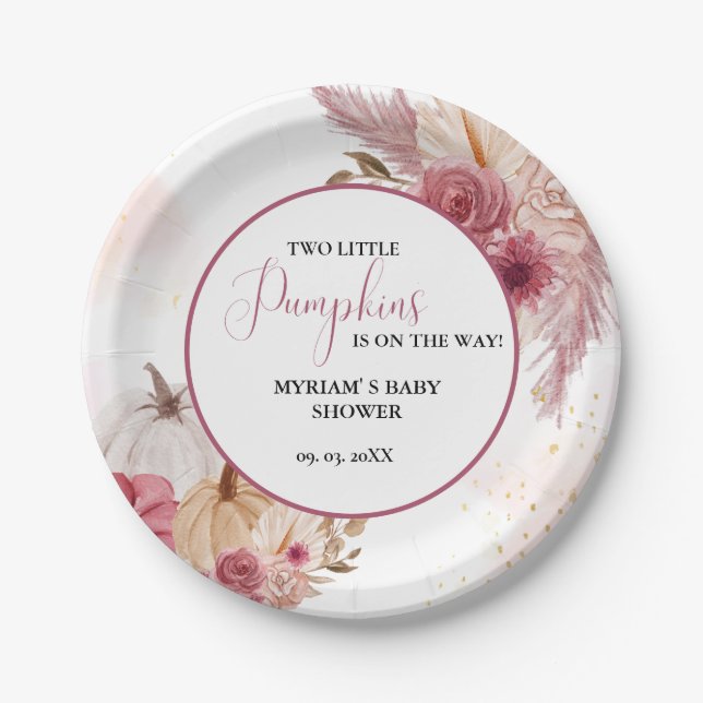 Fall Pink Pumpkin Floral Twin Girl Babydusche Pappteller (Vorderseite)