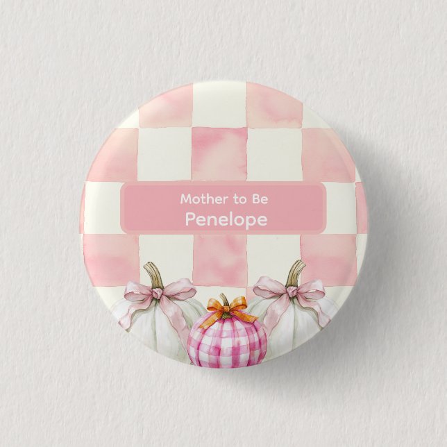 Fall Pink Pumpkin Gingham Baby Showmutter zu sein Button (Vorderseite)