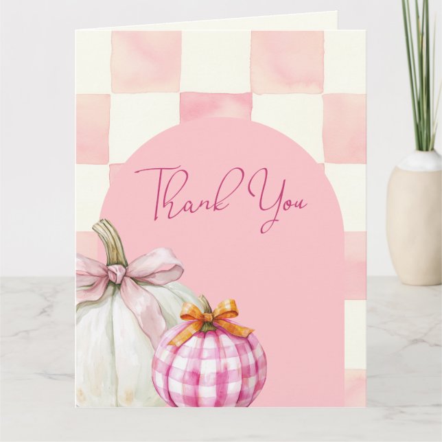 Fall Pink Pumpkin Gingham Girl Baby Dusche Dankeskarte (Vorderseite)