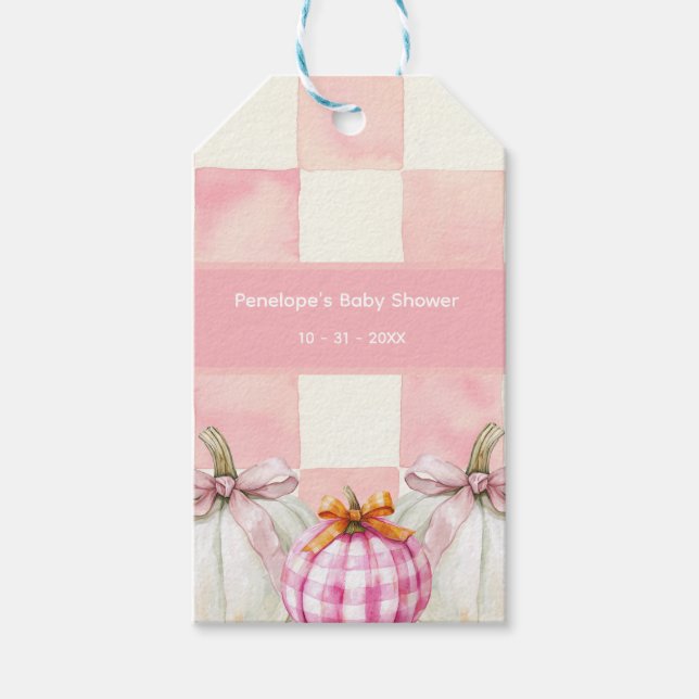 Fall Pink Pumpkin Gingham Girl Baby Dusche Geschenkanhänger (Vorderseite)
