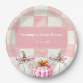 Fall Pink Pumpkin Gingham Girl Baby Dusche Pappteller