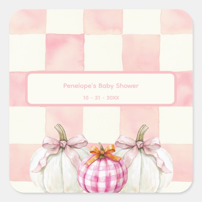 Fall Pink Pumpkin Gingham Girl Baby Dusche Quadratischer Aufkleber (Vorderseite)