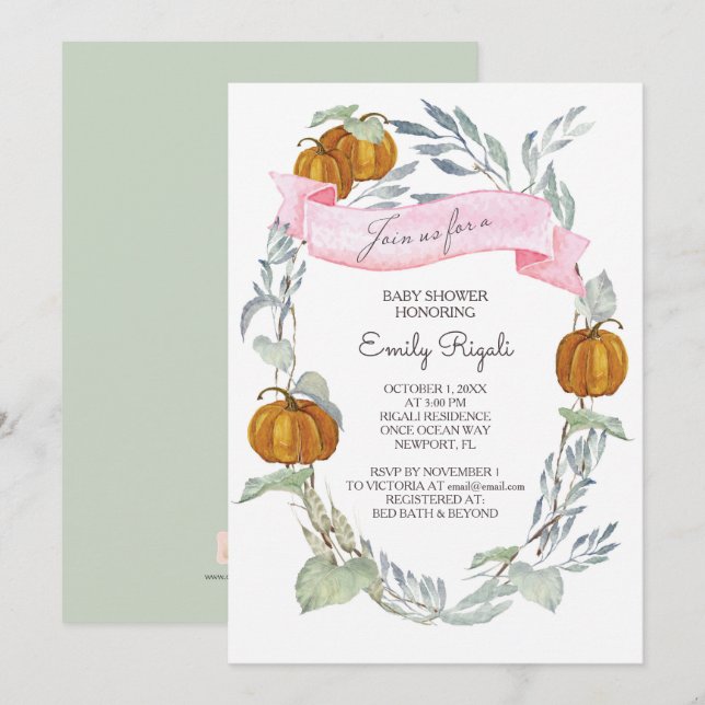 Fall Pink Pumpkin Greenerenery Baby Shower Einladung (Vorne/Hinten)
