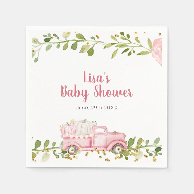 Fall Pink Pumpkin Truck Baby Dusche Napkin Serviette (Vorderseite)