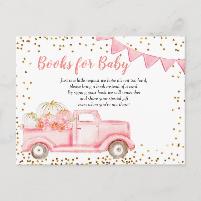Fall Pink Pumpkin Truck Bücher für Kinderkarte Einladungspostkarte (Vorderseite)