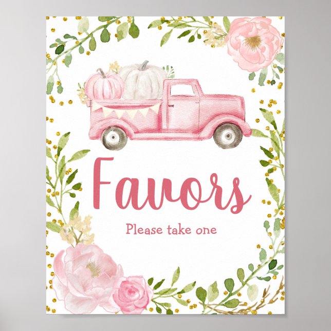 Fall Pink Pumpkin Truck Wasserfarbe Farbe Zeichen Poster (Vorne)