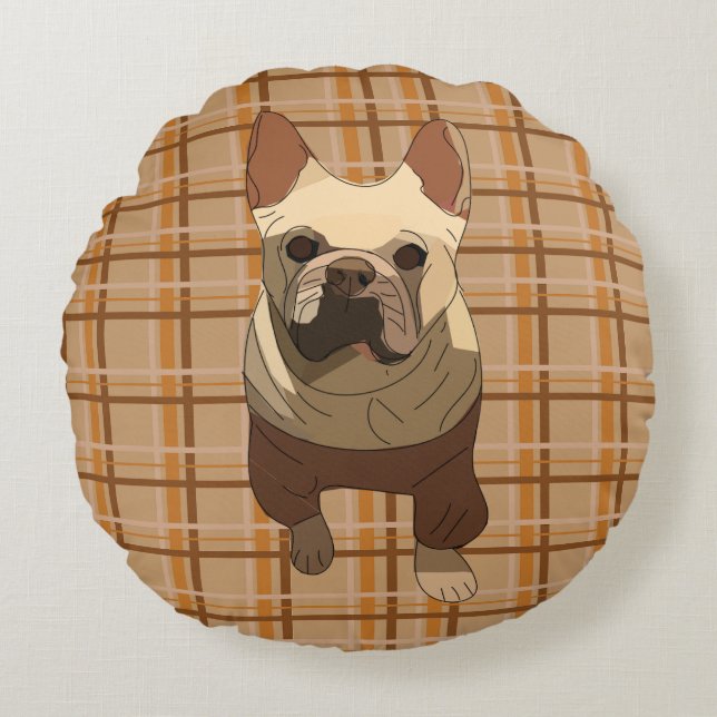 Fall Plaid French Bulldog Rundes Kissen (Vorderseite)