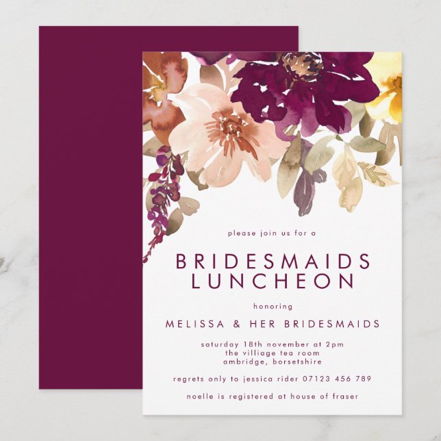 Fall Plum Floral Bridesmaids Luncheon Einladung (Vorne/Hinten)