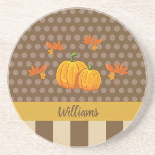 Fall Polka Dot Pumpkin mit Familienname Getränkeuntersetzer