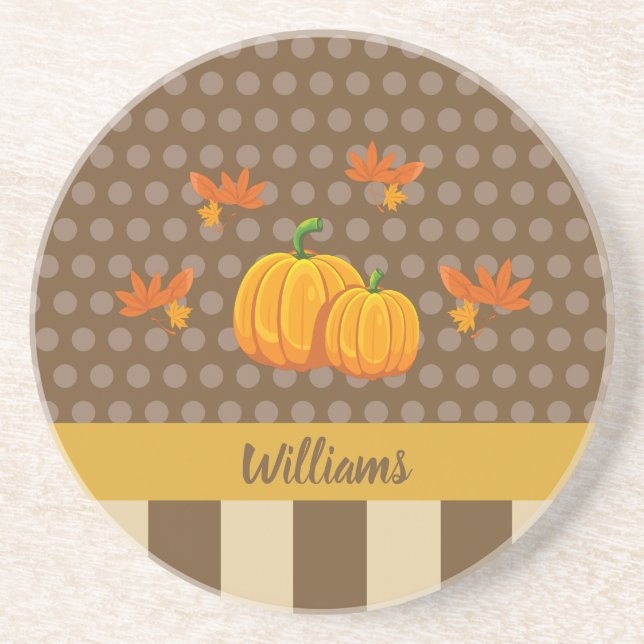 Fall Polka Dot Pumpkin mit Familienname Getränkeuntersetzer (Vorne)