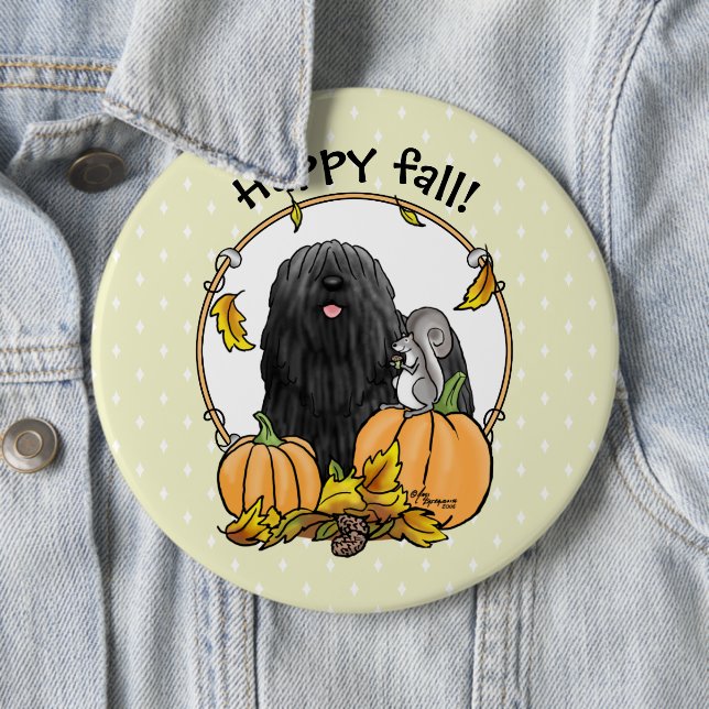 Fall Puli Hund (schwarz) Pumpkins Blätter Niedlich Button (Beispiel)