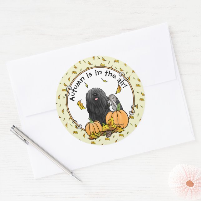 Fall Puli Hund (schwarz) Pumpkins Blätter Niedlich Runder Aufkleber (Umschlag)