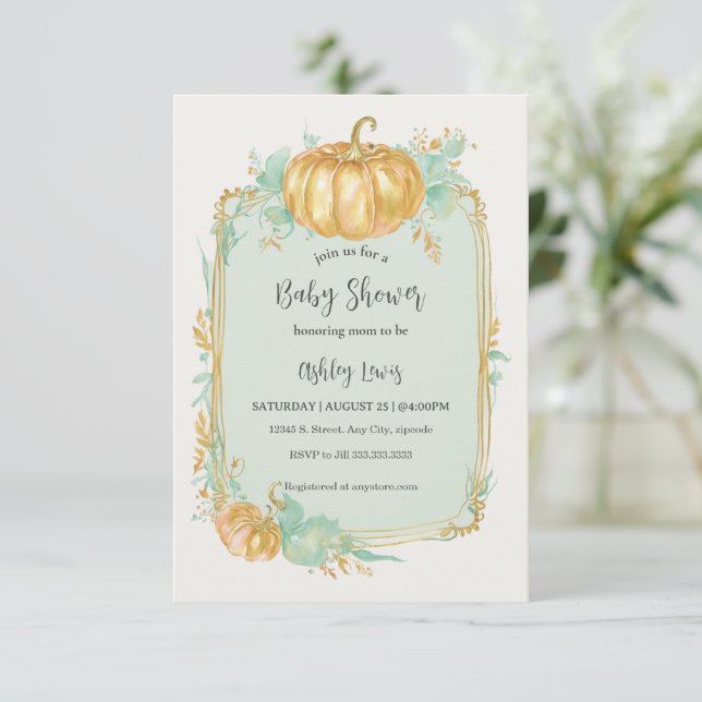 Fall Pumpkin Baby Dusche Einladung Gold Kürbis (Stehend Vorderseite)
