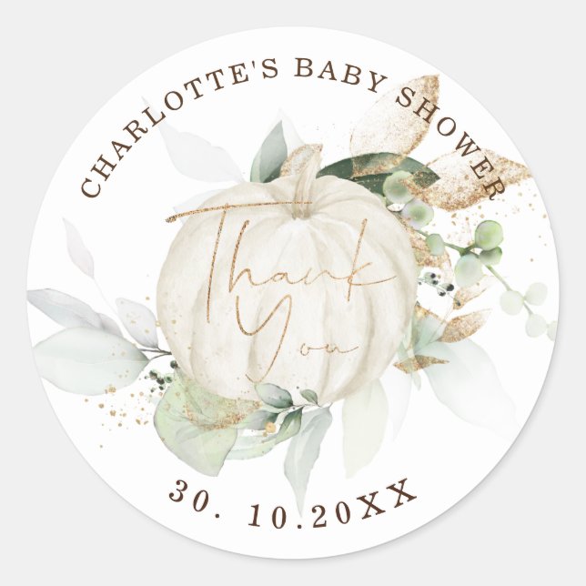 Fall Pumpkin Baby Duwer Greenery Gold Favors Runder Aufkleber (Vorderseite)