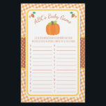 Fall Pumpkin Baby Shower ABC's Game Flyer<br><div class="desc">Dieses Design bietet einen Kürbis und Blätter in Herbstfarben auf einem Gingham Hintergrund. Unsere Produkte werden in unserem Shop, zazzle.com/doodlelulu*, koordiniert. Kontaktieren Sie uns, wenn Sie dieses Design für ein bestimmtes Produkt, um ein passendes Element zu erstellen! Vielen Dank, dass Sie ein DoodleLulu von 2. Juni Bugs Design gesehen haben!...</div>